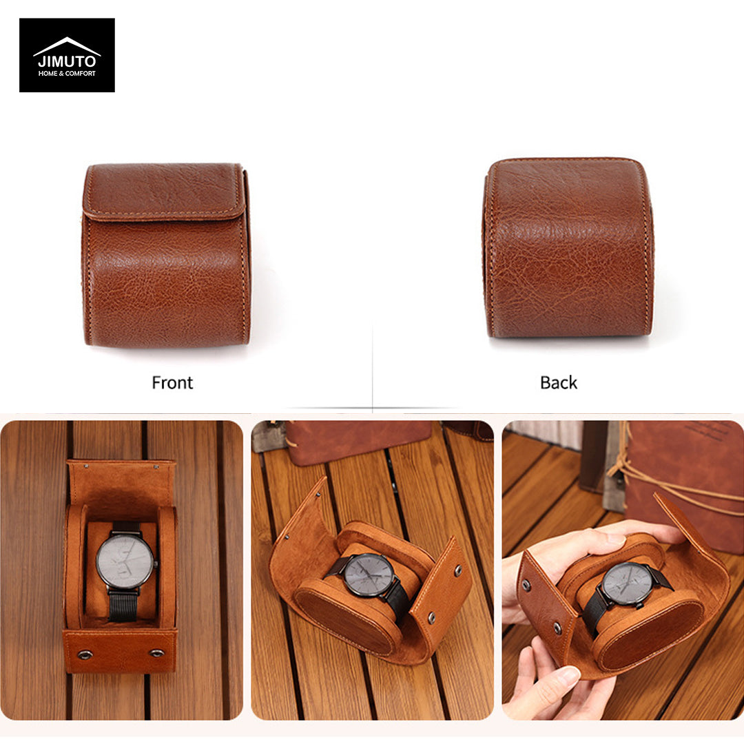 Brown leather watch box with front and back views, and usage scenarios on a white background.