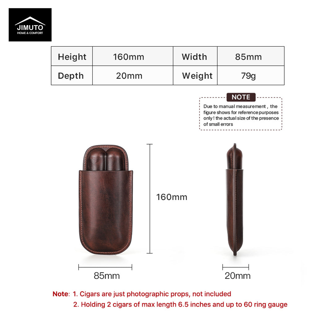 Brown leather cigar case with dimensions and product details on a white background