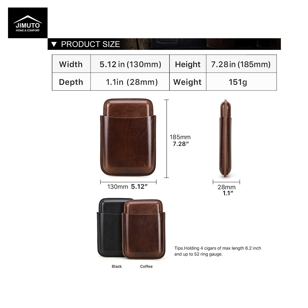 Product size chart and dimensions of a brown leather cigar case with a black background.
