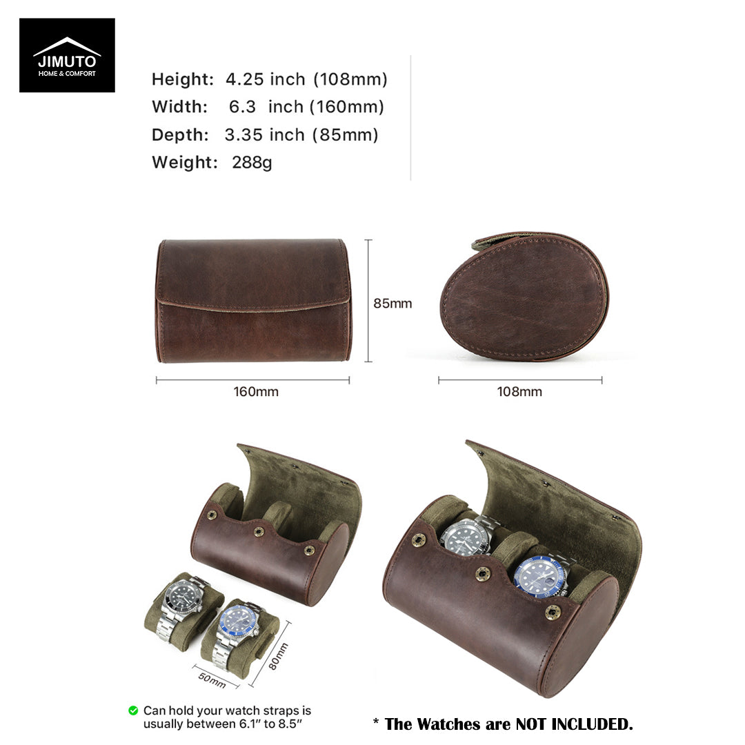 Brown leather watch case with dimensions and weight information on a white background