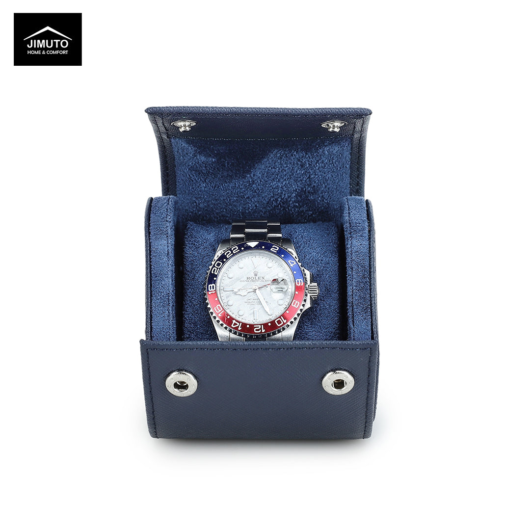 Watch with red and blue accents in a blue saffiano leather watch case, featuring the JIMUTO brand.