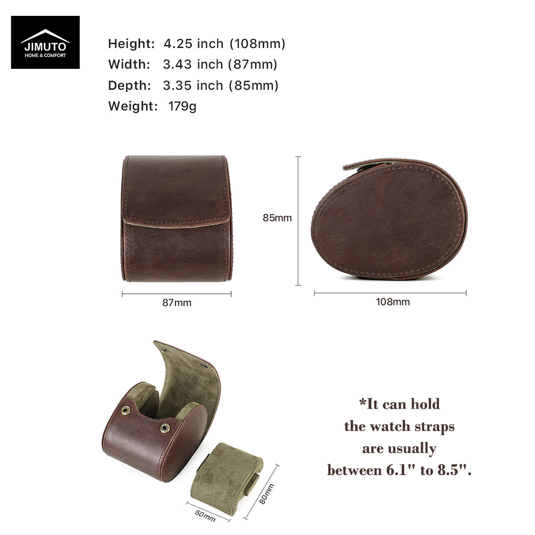 Brown leather watch case with dimensions and usage information on a white background, showing front, side, and open views with measurements and text.