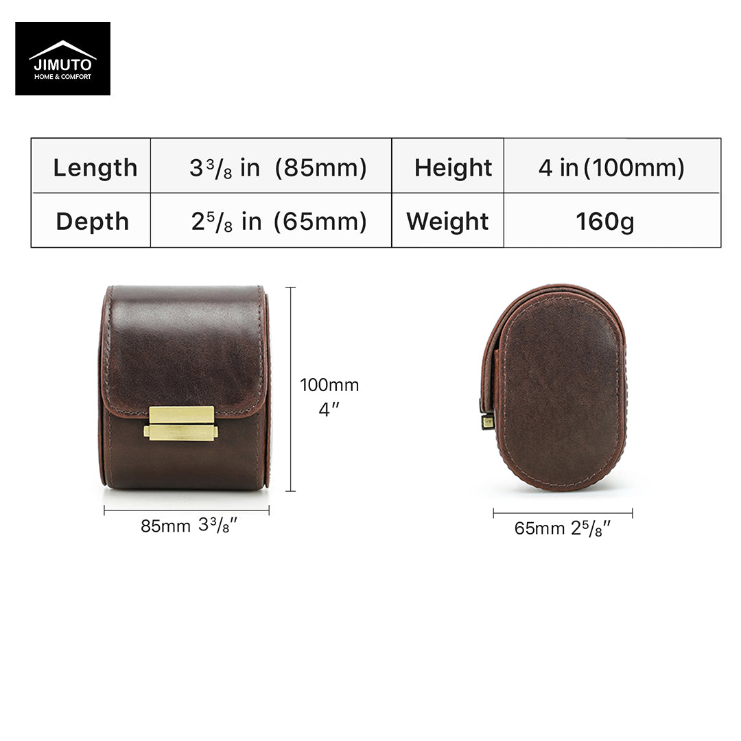 A product measurement graphic for a dark brown full-grain leather watch case by JIMUTO. The top section contains a size table with dimensions (3 3/8 in length, 4 in height, 2 5/8 in depth) and weight (160g).