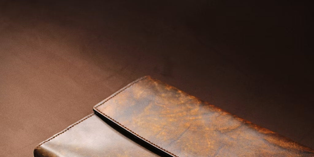 a leather clutch lying on a desk