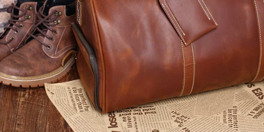 a pair of shoes and a leather bag