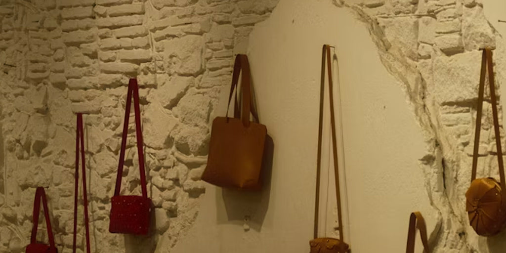 several leather crossbags hung on the wall