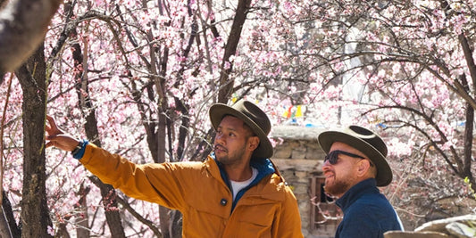 two men travel in the flower forrest