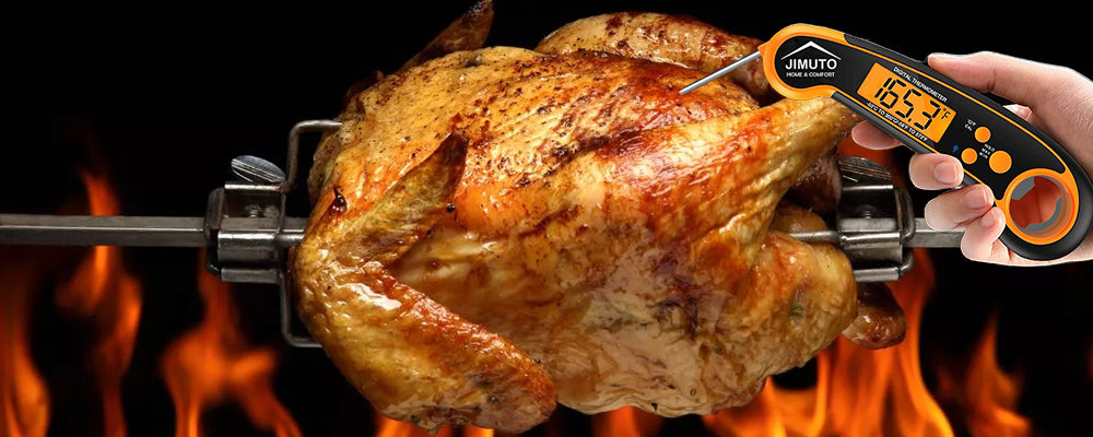 chicken grilling with digital thermometer