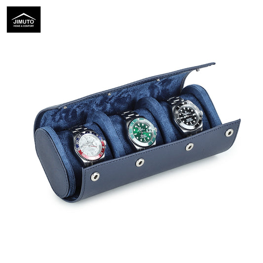 Blue watch roll with three watches inside on a white background, featuring the JIMUTO brand.