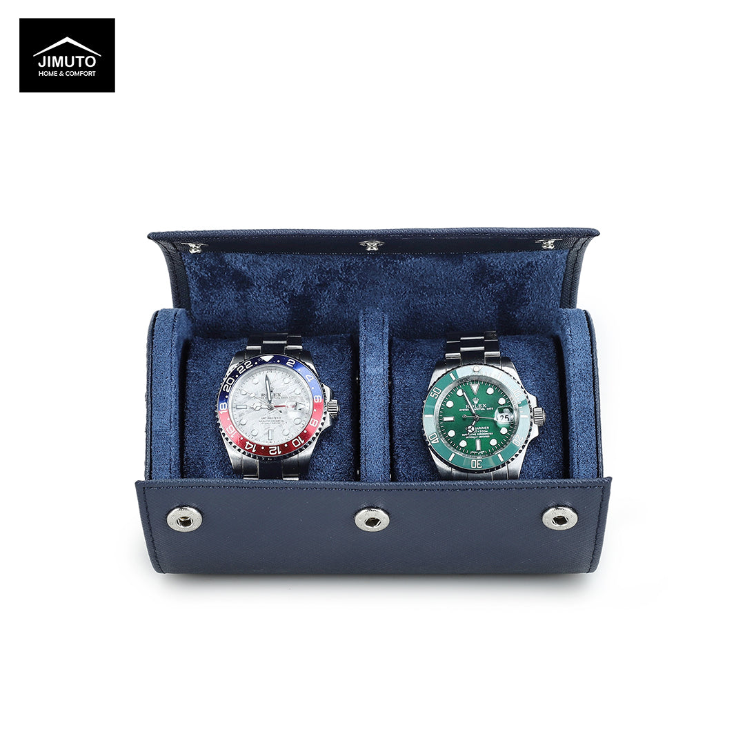 Two watches in a blue velvet display watch case with JIMUTO branding.