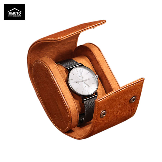 Brown leather watch case with a silver watch inside on a white background, featuring the JIMUTO brand.