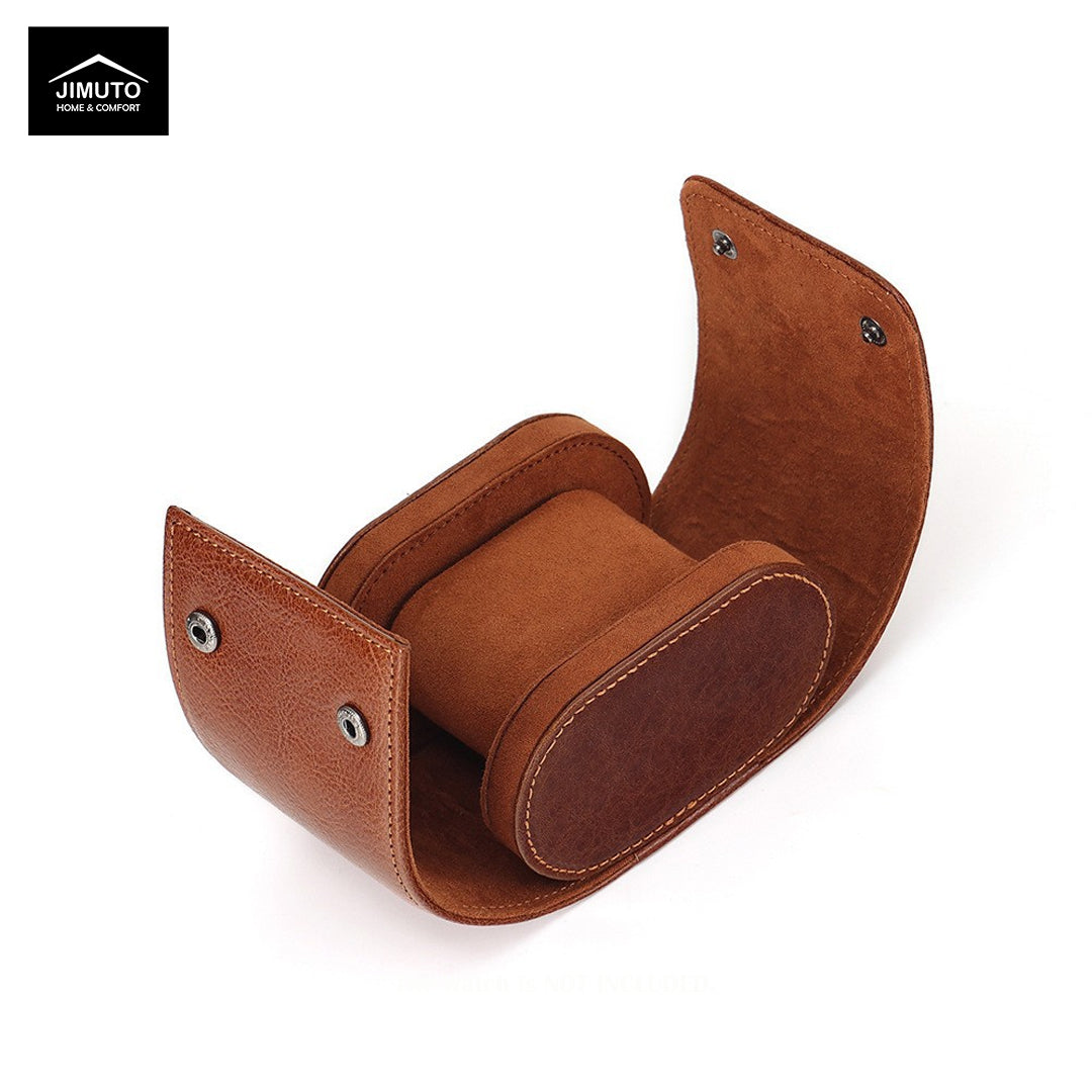 Brown leather watch case on a white background with Jimuto logo.
