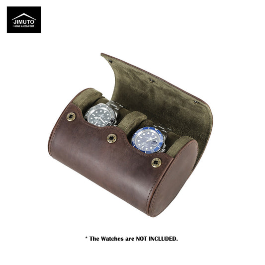Brown leather watch case with two watches inside, JIMUTO brand visible.