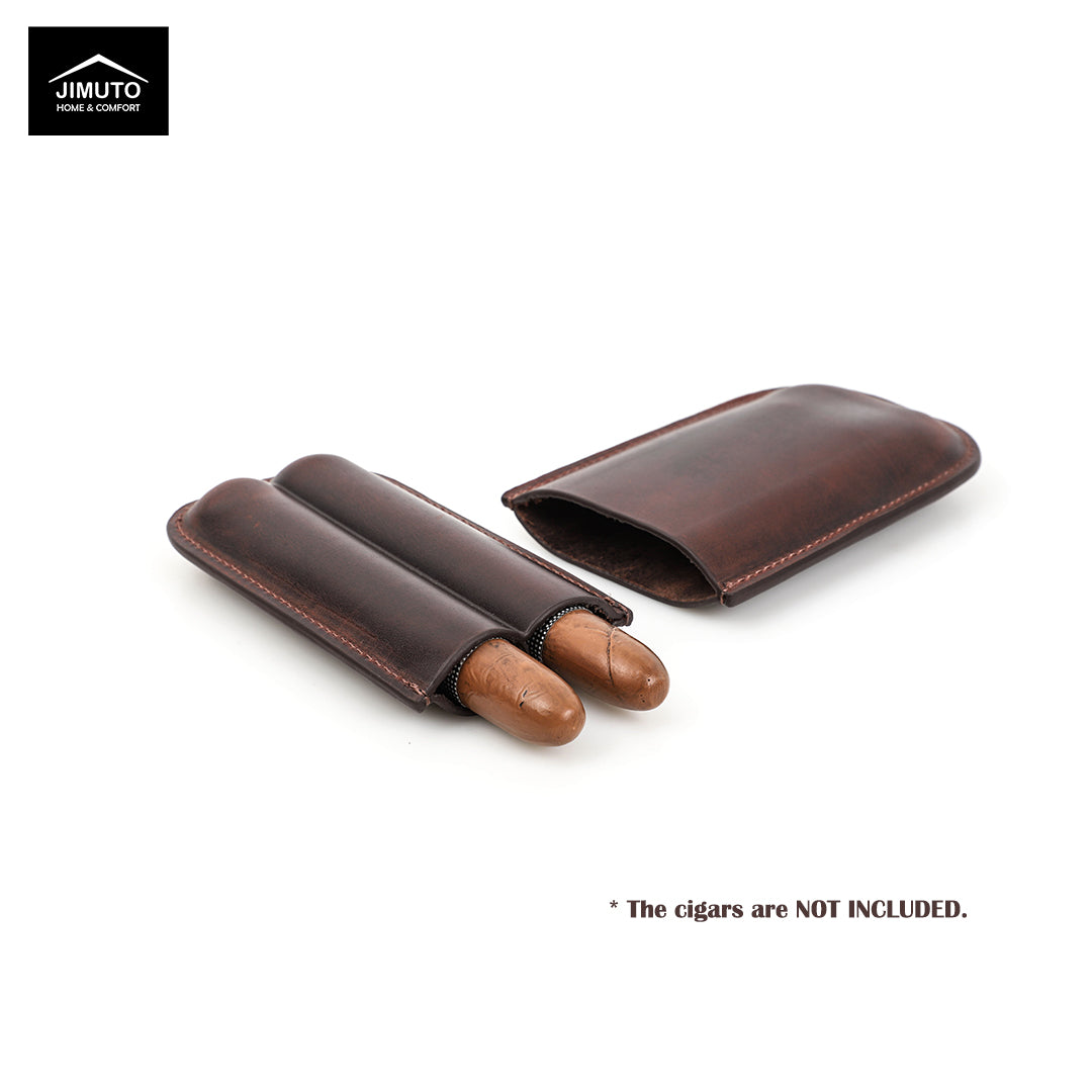 Brown leather cigar case with two cigars on a white background, featuring the JIMUTO brand.