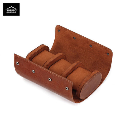 Brown leather watch roll with three watches on a white background, featuring the JIMUTO brand.