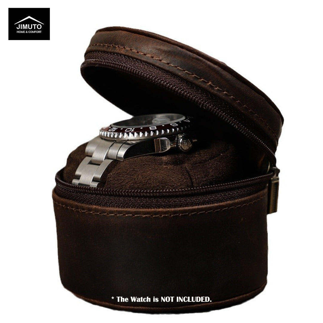 Brown leather watch case with a silver watch inside, JIMUTO brand visible.