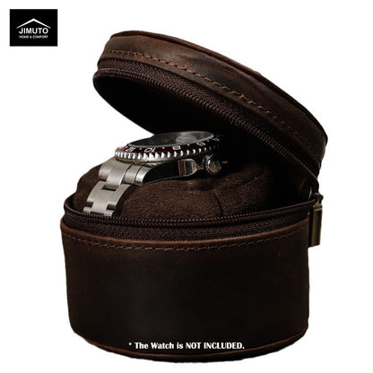 Brown leather watch case with a silver watch inside, JIMUTO brand visible.