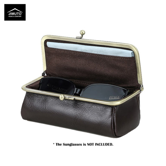 Brown leather sunglasses case with gold frame on a white background, featuring the Jimuto brand.