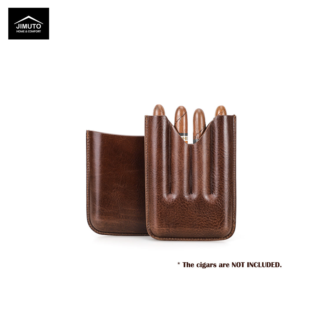 Brown leather cigar case with cigars on a white background, featuring the Jimuto brand.