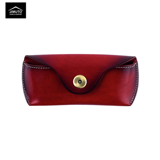 Red leather eyeglasses case with a gold button on a white background, featuring the JIMUTO brand.