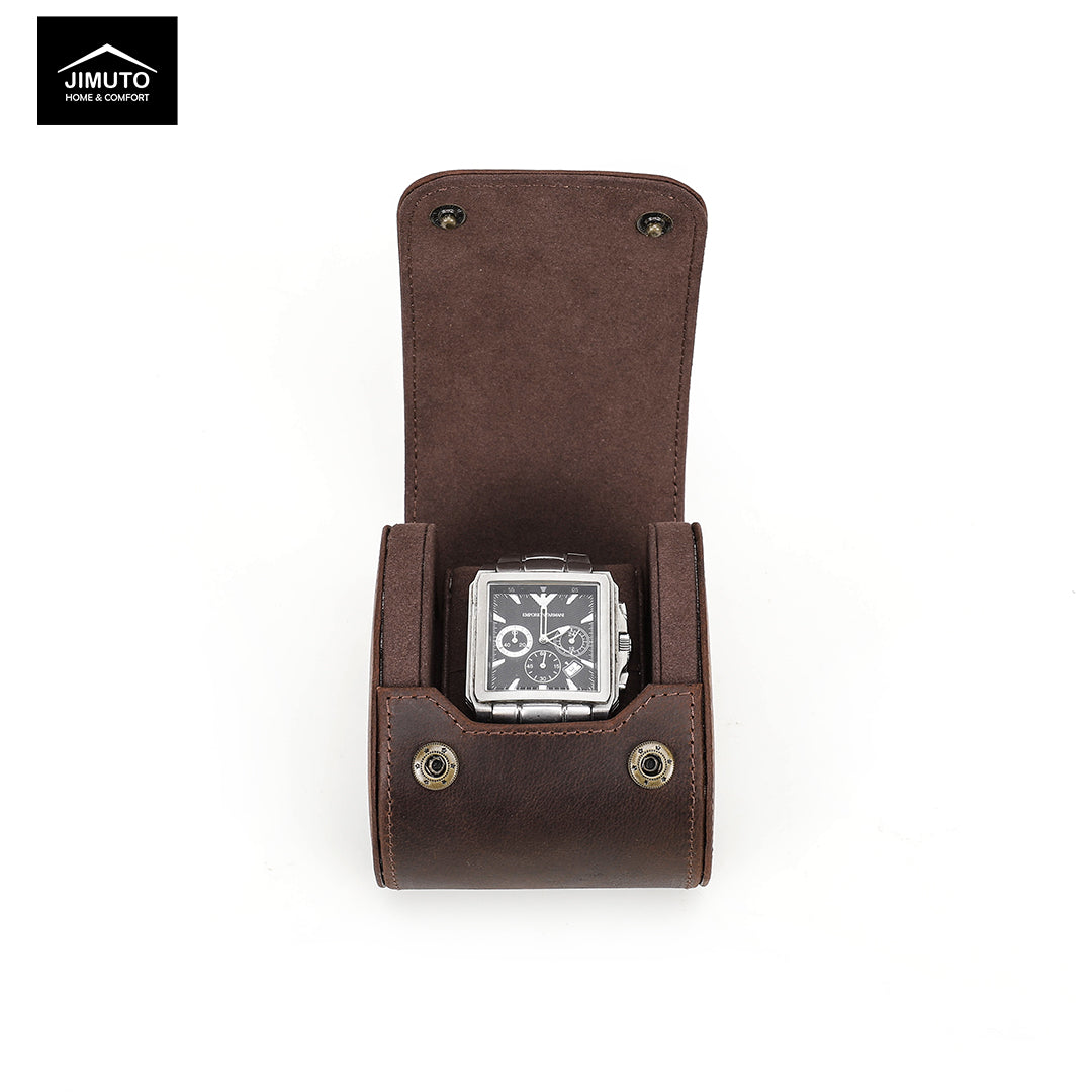 Watch in a brown leather watch case on a white background with 'JIMUTO' branding.
