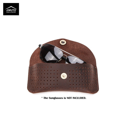 Brown leather sunglasses case with sunglasses inside on a white background, featuring the JIMUTO brand.