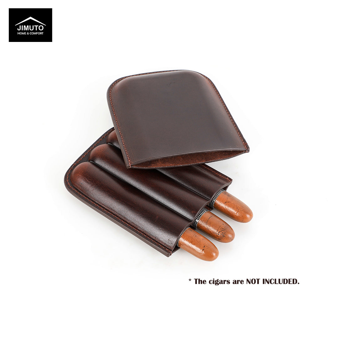 Brown leather cigar case with cigars on a white background, featuring the jimuto brand.