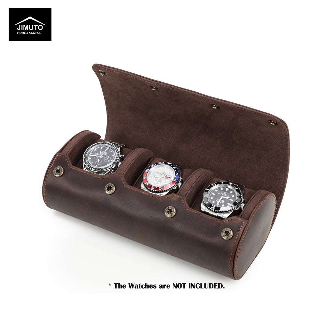 3-slot Brown leather watch case with three watches on a white background, featuring the JIMUTO brand.