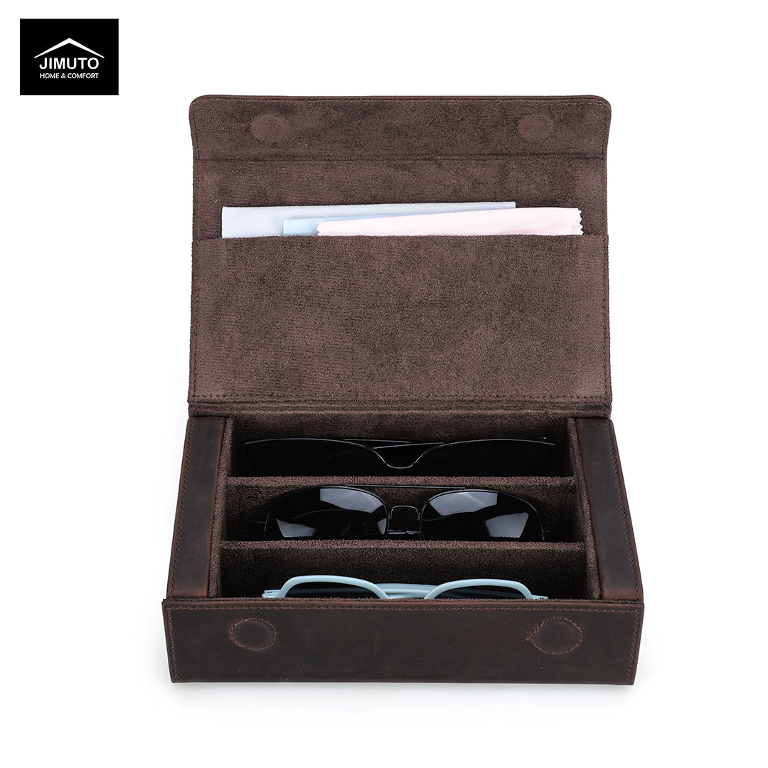 Brown leather sunglasses case with sunglasses inside on a white background, featuring the JIMUTO brand.