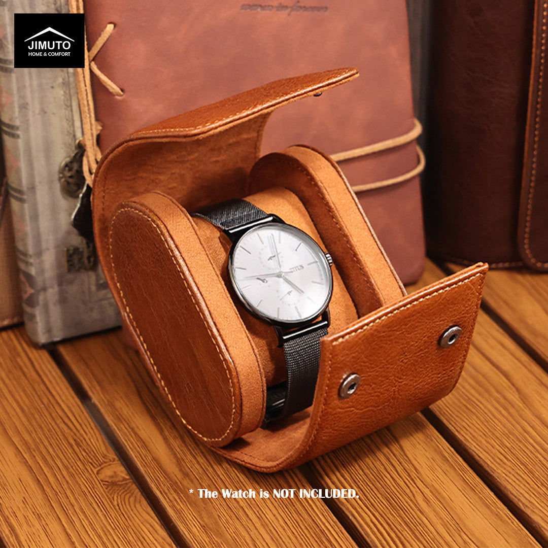 Brown leather watch case with a watch inside on a wooden surface, Jimuto brand visible.