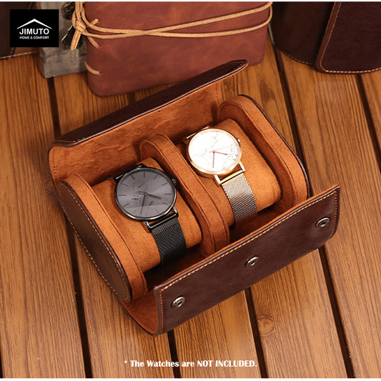 Brown watch box with two watches on a wooden surface, JIMUTO brand visible.