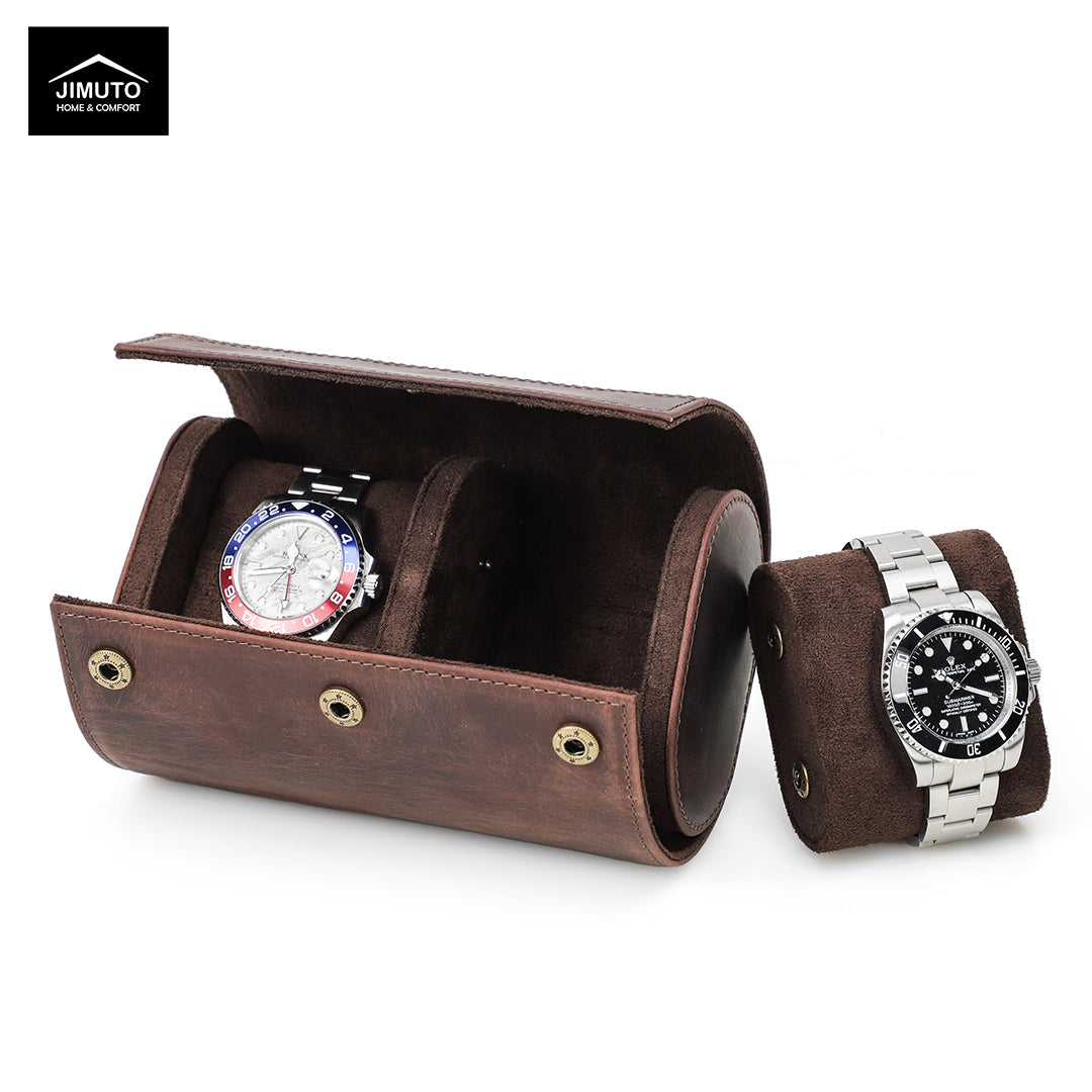 Brown leather watch case with two watches on a white background, featuring the JIMUTO brand.