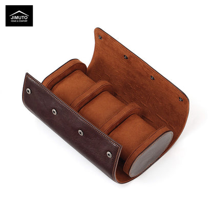 Brown leather watch holder with three compartments on a white background, featuring the JIMUTO brand.