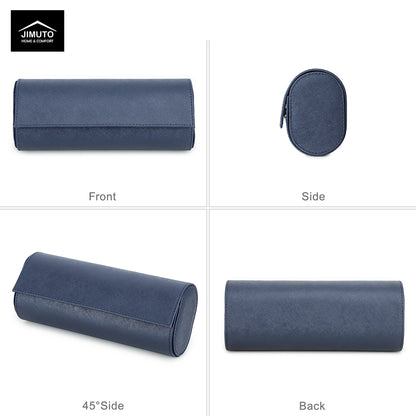 Navy blue leather watch case shown from multiple angles with JIMUTO branding.