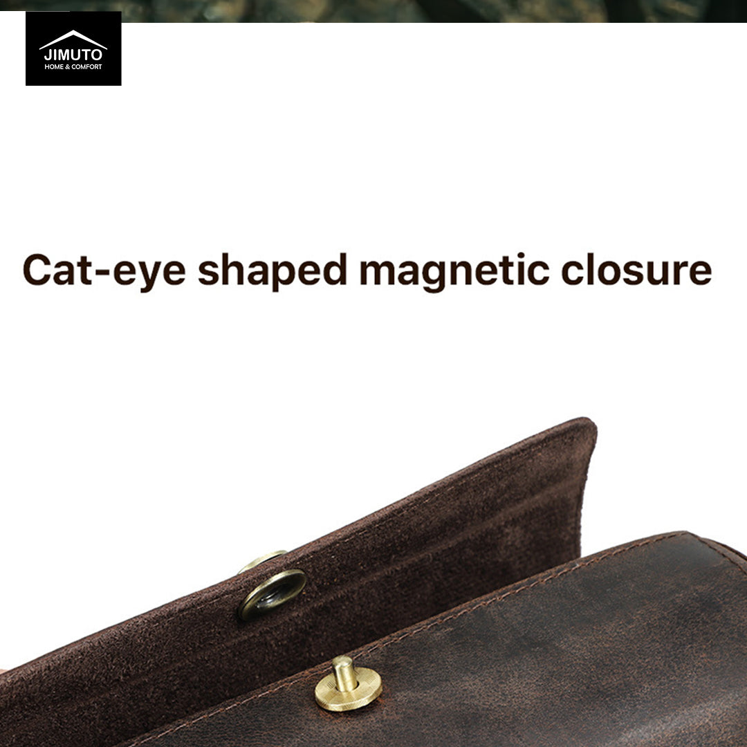 Brown leather tie roll with cat-eye shaped magnetic closure on a white background, featuring Jimuto logo.