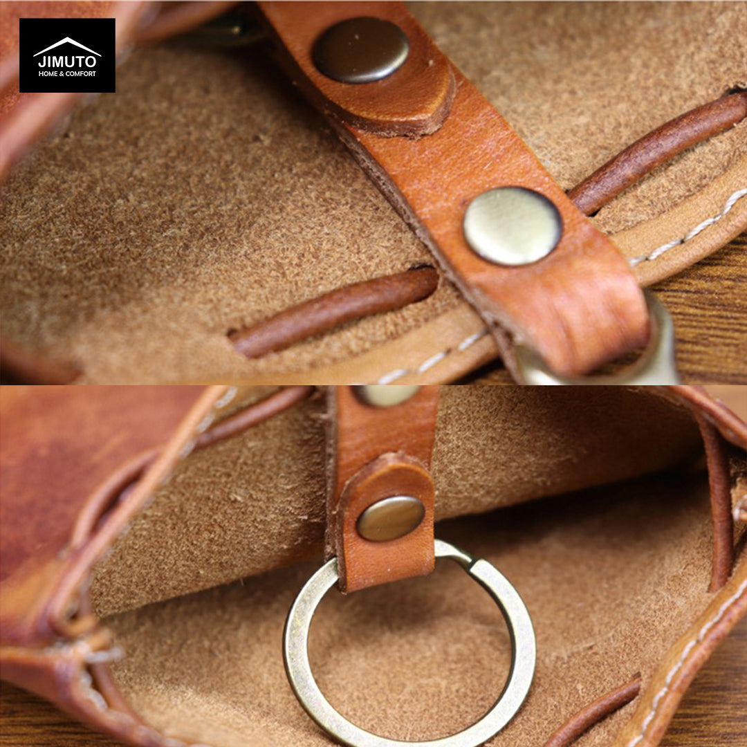 Close-up of a brown leather strap with metal rings on a textured surface, featuring the Mimuto brand.