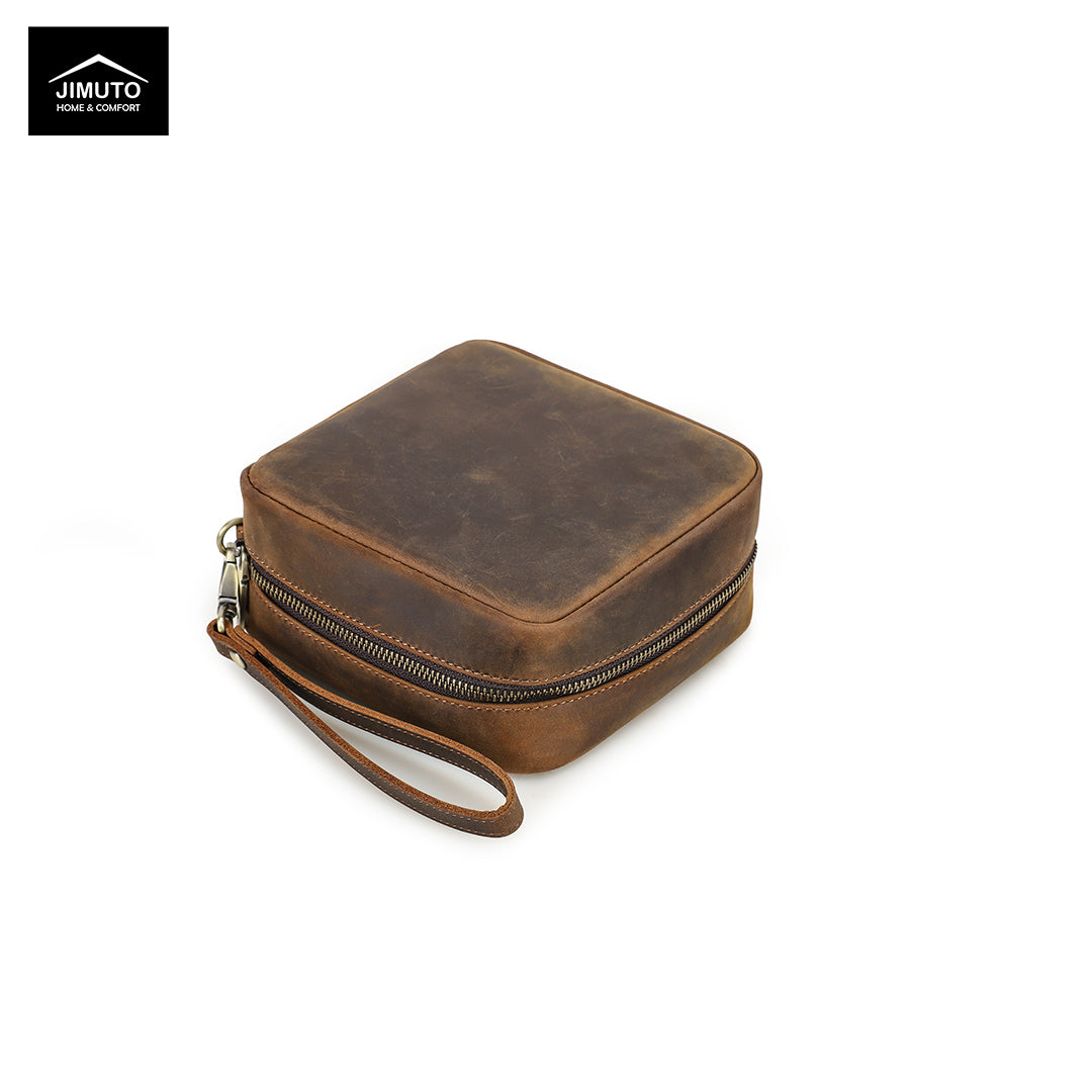 Brown leather zippered CD/DVD case with wrist strap on a white background, featuring the JIMUTO brand.