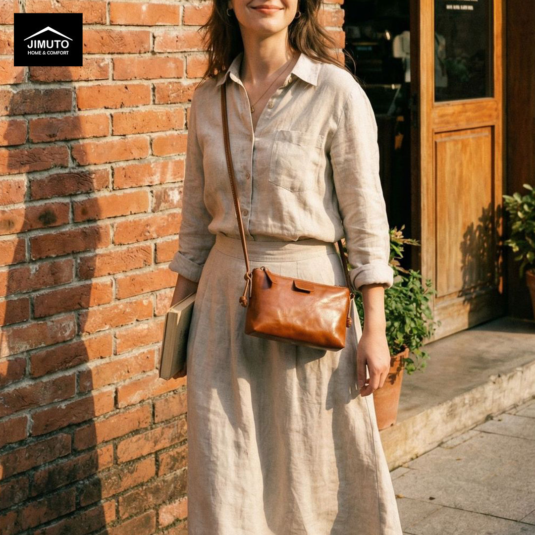 a smile lady wearing a brown leather crossbody bag walking on a street