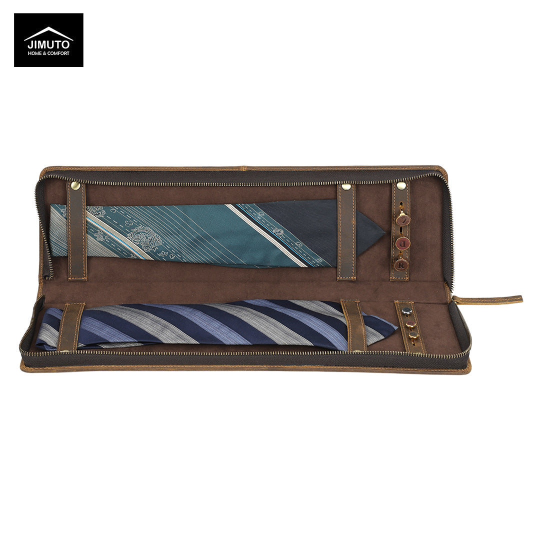 Brown leather tie box with striped lining on a white background, featuring the Jimuto brand.