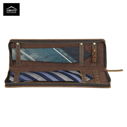 Brown leather tie box with striped lining on a white background, featuring the Jimuto brand.
