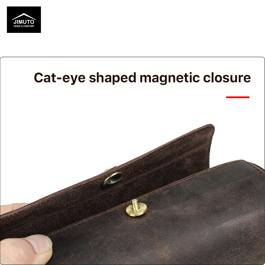 Brown Leather Tie Case with cat-eye shaped magnetic closure on a white background