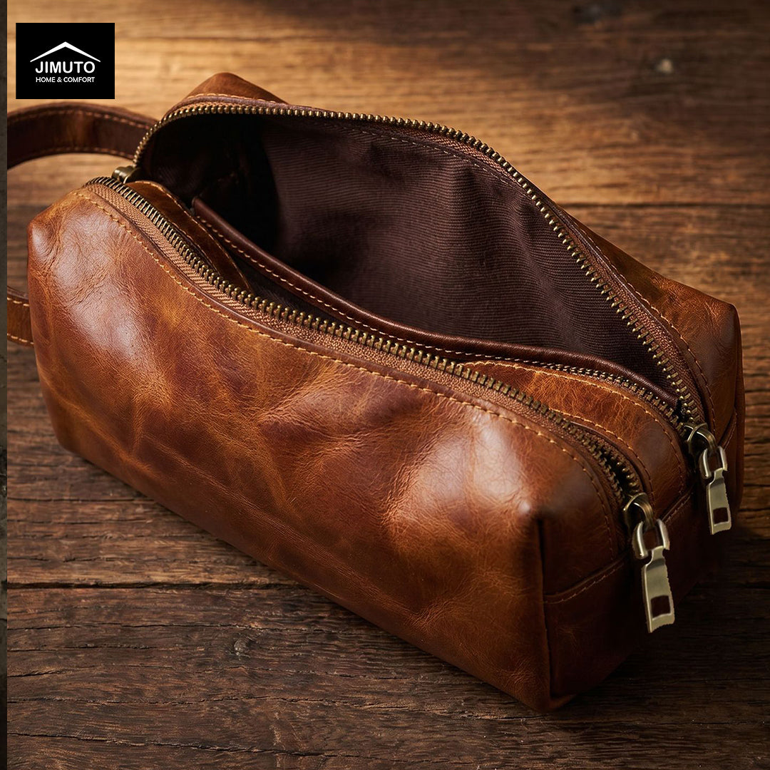 Brown leather storage bag  with zipper on a wooden surface, featuring the JIMUTO brand.