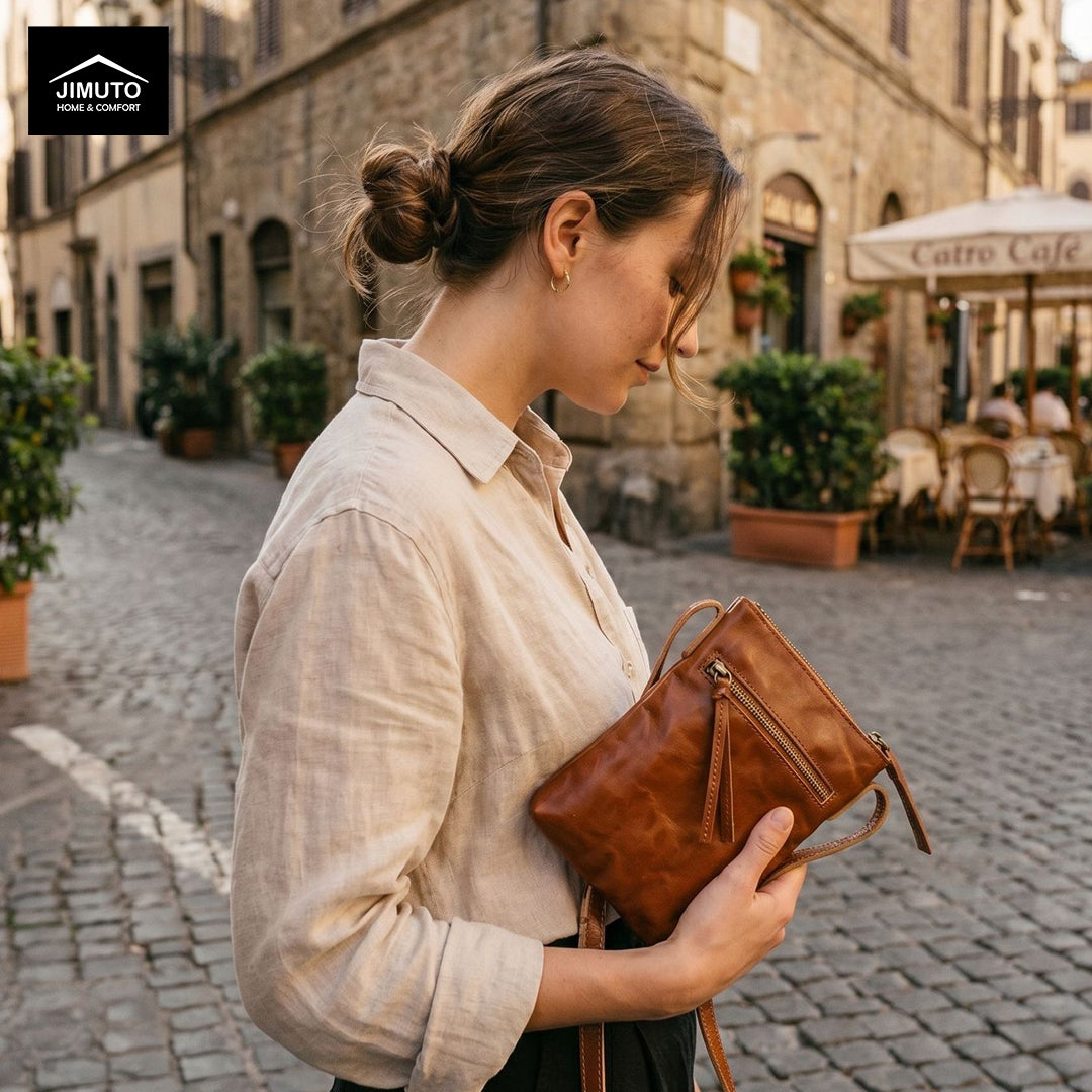Woman holding a brown leather handbag in an urban setting with 'JIMUTO' branding.