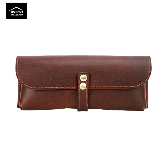 Brown leather sunglasses case with gold buttons on a white background, featuring the JIMUTO brand.