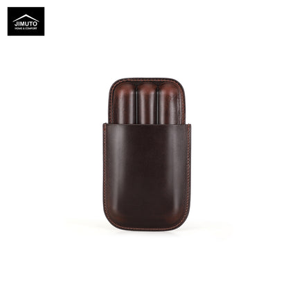 3-slot Brown leather cigar case with three cylindrical items inside on a white background, featuring the JIMUTO brand.