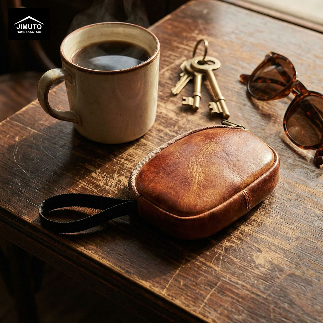 Brown leather pouch, mug of coffee, keys, and sunglasses on a wooden surface with 'MIMUTO' branding.