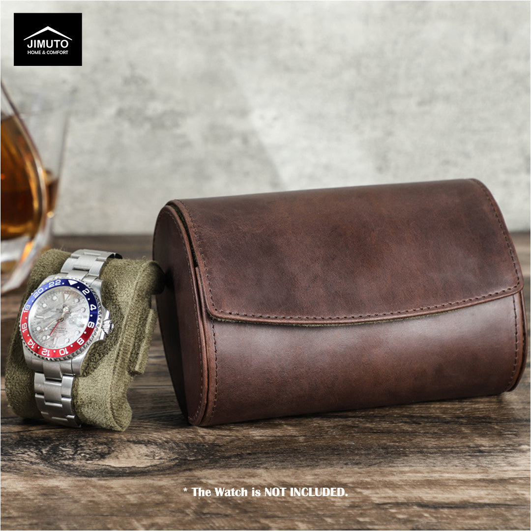 Brown leather watch roll with a watch on a wooden surface, featuring the jimuto brand.