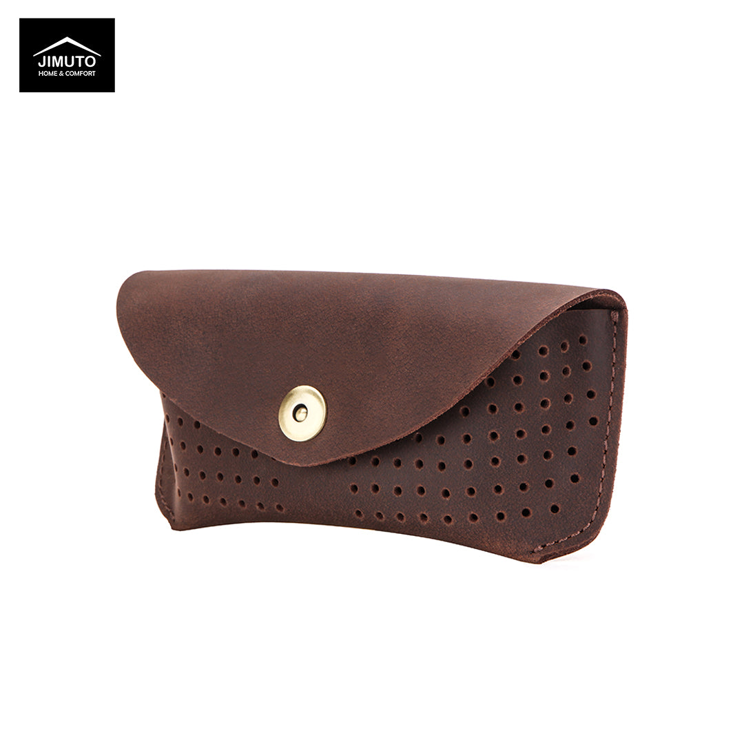 Brown leather sunglasses case with gold button on a white background, featuring the JIMUTO brand.