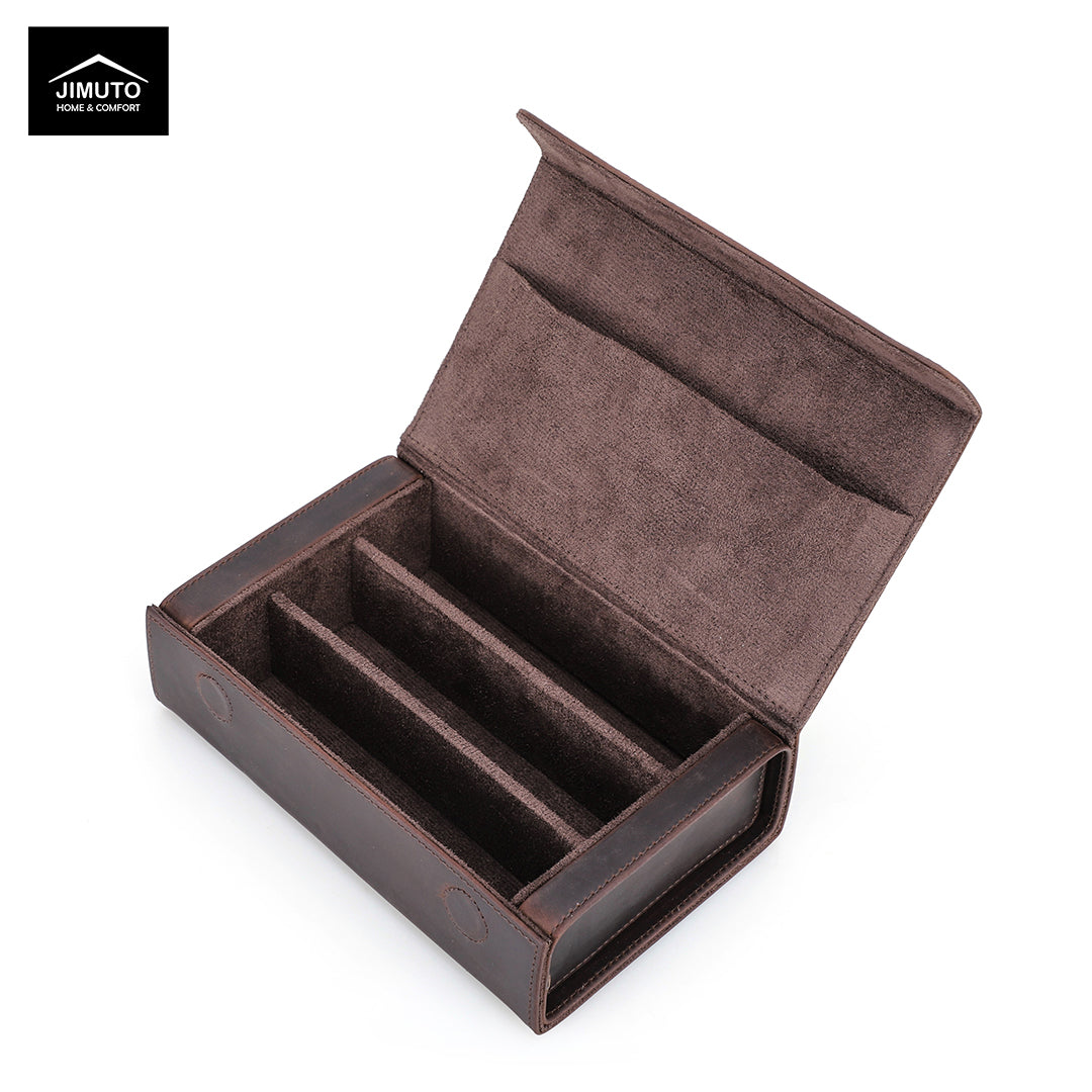 Brown leather sunglasses box with compartments on a white background, featuring the JIMUTO brand.