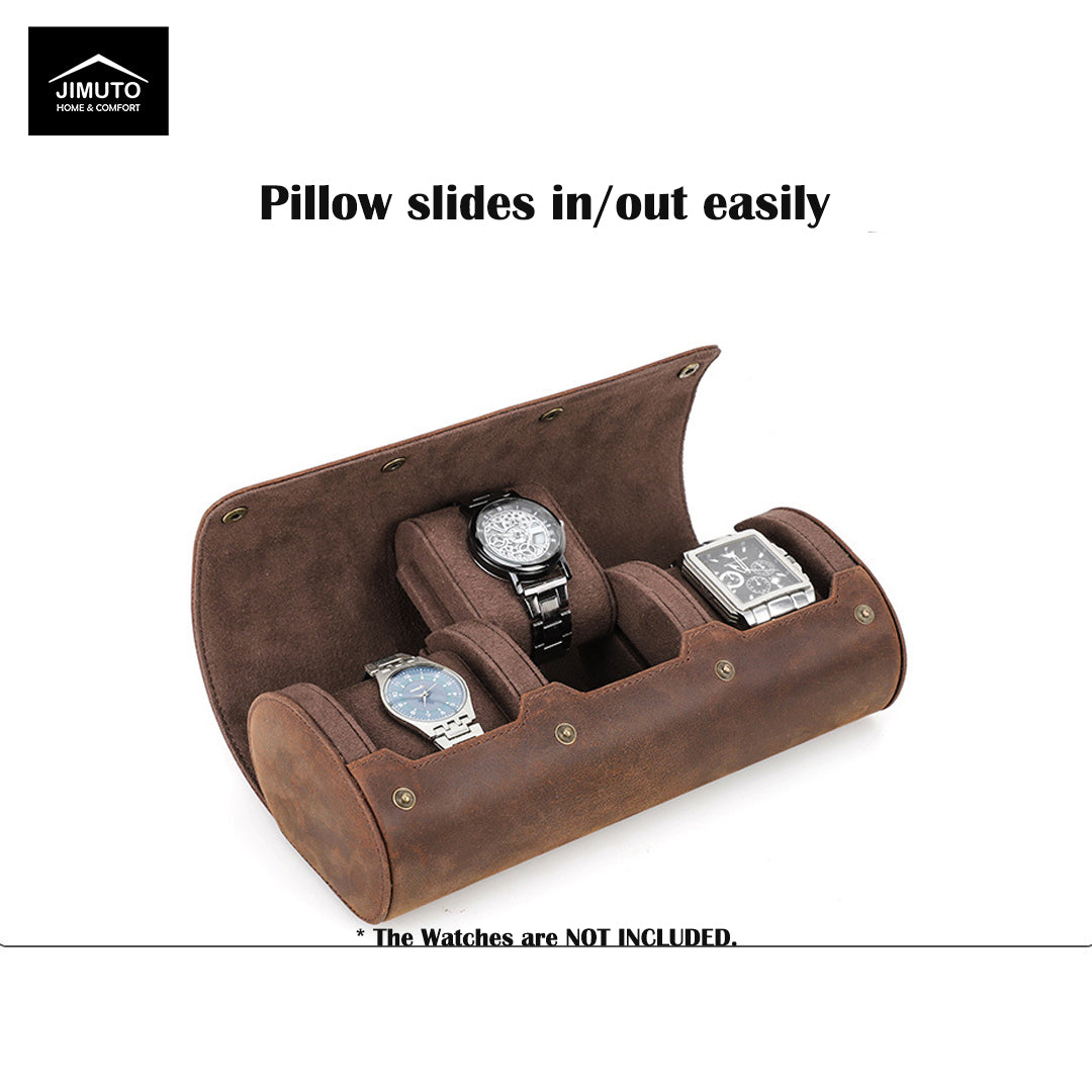 3-watch Brown leather watch case with watches inside, featuring Jimuto branding.